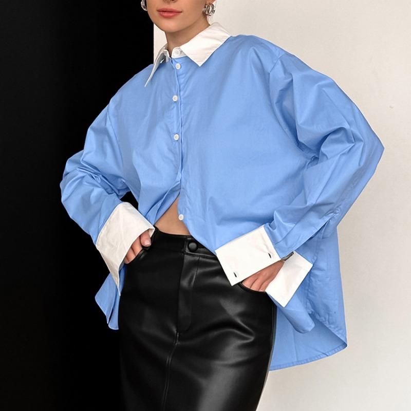Women Blue White Contrast Casual Long Sleeve Cotton Shirt French Collar S
