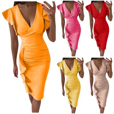 Women's Vintage Wrap Dress V-neck Ruffle Sleeve Skinny Midi Dress