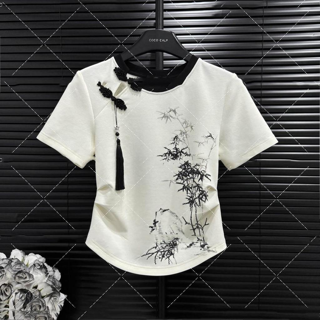 Cotton Chinese Style Women's T-shirt Summer Tees Short Sleeve Slim Women Tops Vintage O-necks Embroidery Korean Clothing Sales