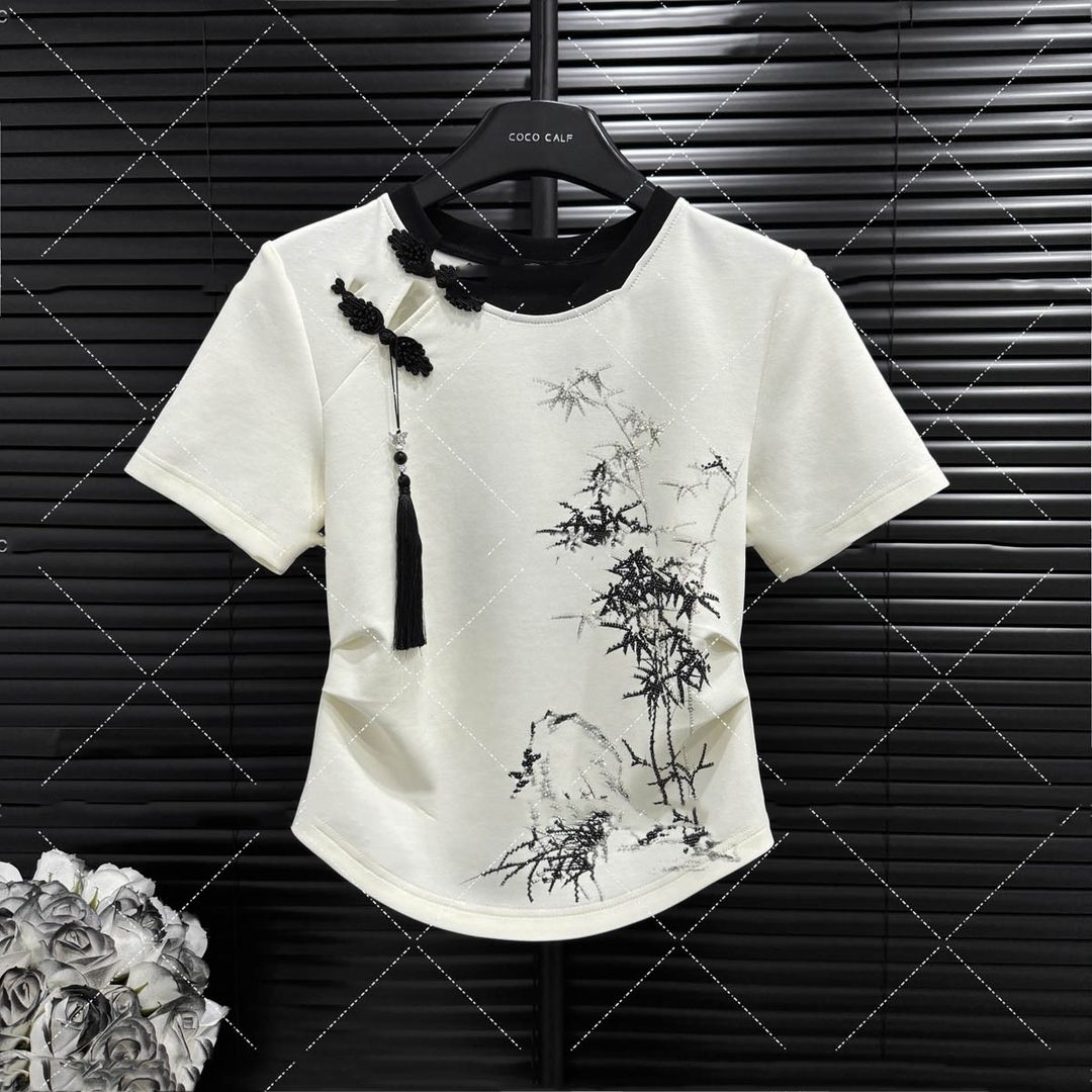 

Cotton Chinese Style Women s T-shirt Summer Tees Short Sleeve Slim Women Tops Vintage O-necks Embroidery Korean Clothing Sales XXL білий