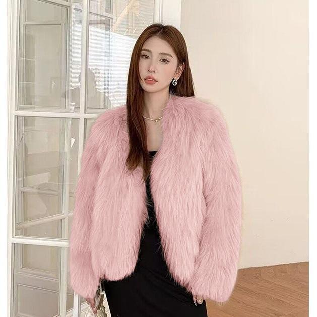 

Зимняя новая короткая шуба из искусственного лисьего меха, женская, легкая, с простым воротником, модная, с хлопковым утеплителем XXL розовый