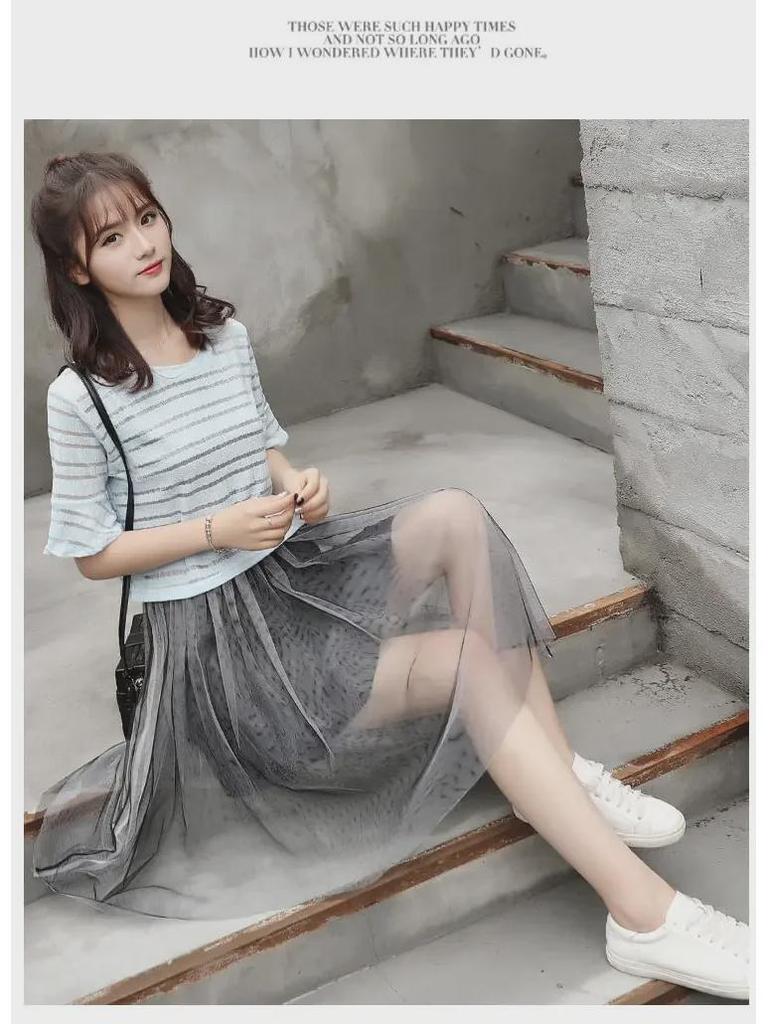 Summer 2023 Plus Size Mesh Suspender Skirt Set for Women - Waist Slimming, Two-Piece Dress