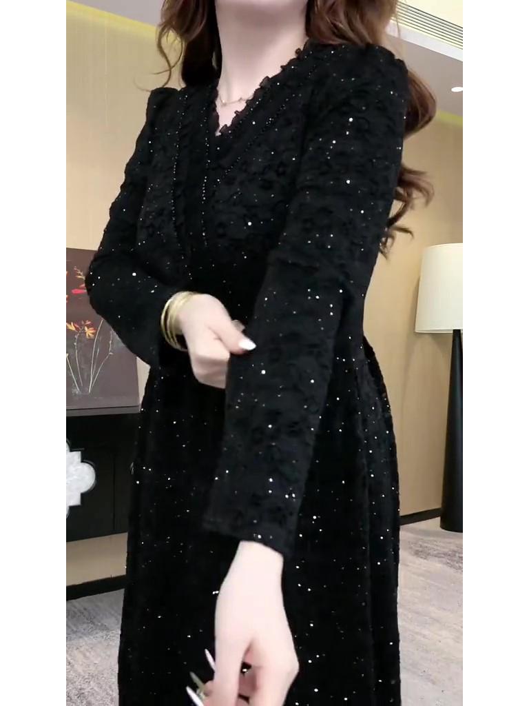 Spring Light Luxury Lace Evening Gown - Plus Size, Long Sleeve, Shiny Casual Dress for Women