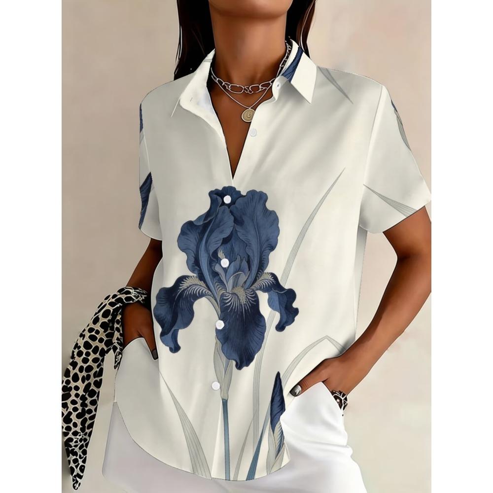 Camisa Minimalista de Verano con Estampado Digital Floral Camisa de Botones Superior para Vacaciones en la Playa Hawaiana Camisa Casual para Mujer