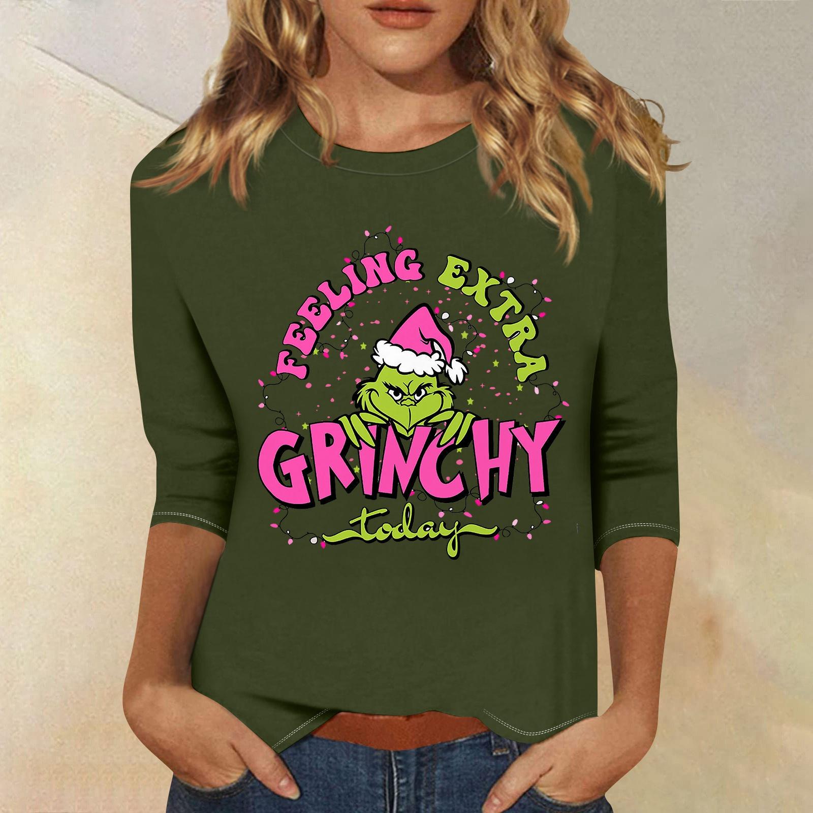 

3/4 рукава топы для женщин футболка повседневные рождественские принты топы футболка круглый вырез пуловер блузка L армия зеленый