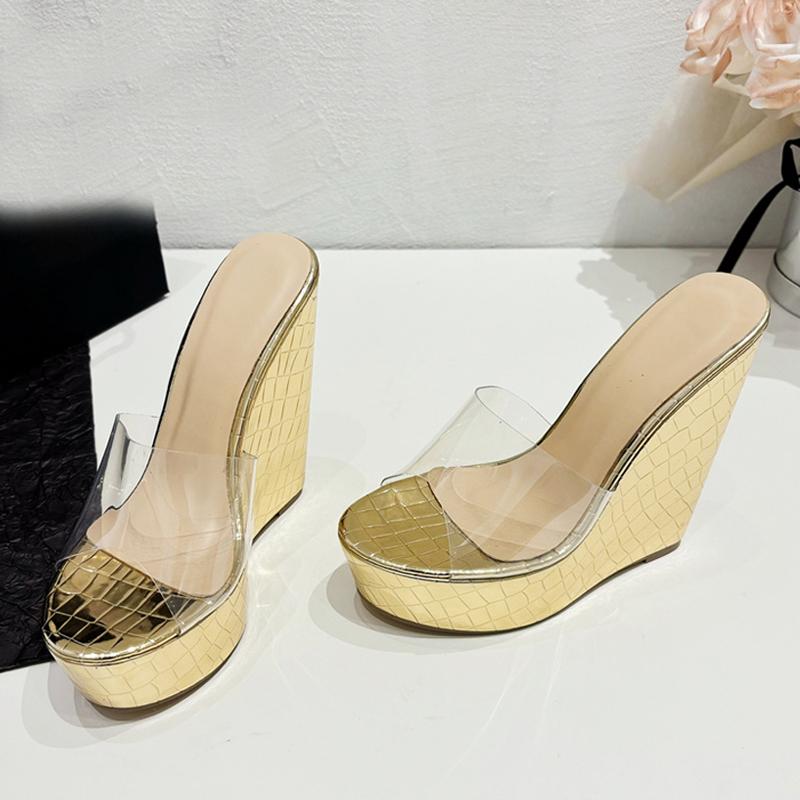Liyke PVC Transparent Shoes For Women Platform Wedges Slippers Wide Band Round Head Open Toe Gold High Heels Summer Sandals