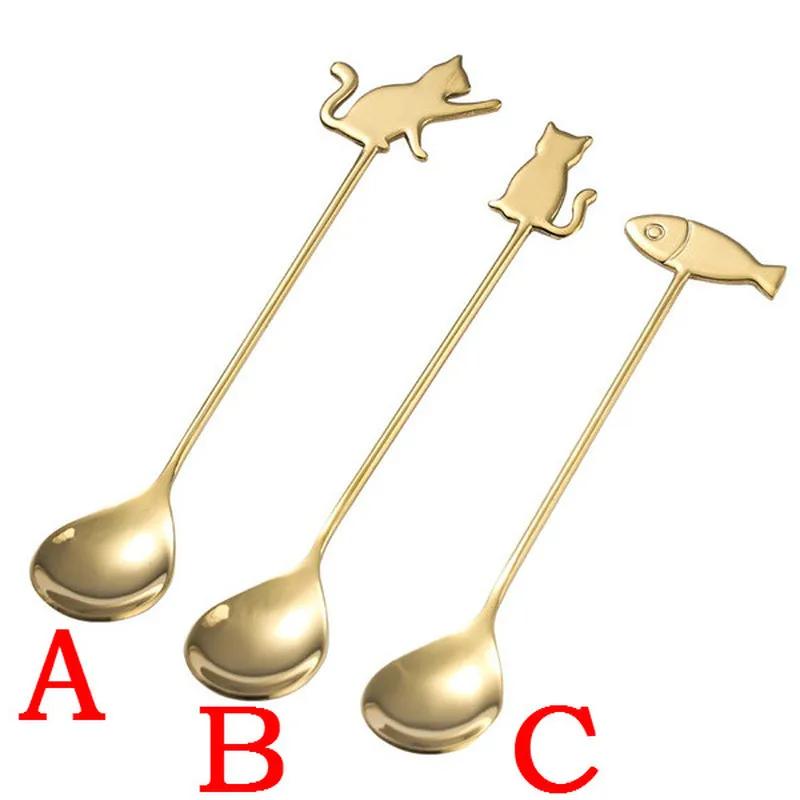 1 PC Fashion Stainless Steel Spoon Creative Cartoon Coffee Spoon Cute Cat Dessert Spoon Cartoon Fish Cake Gift