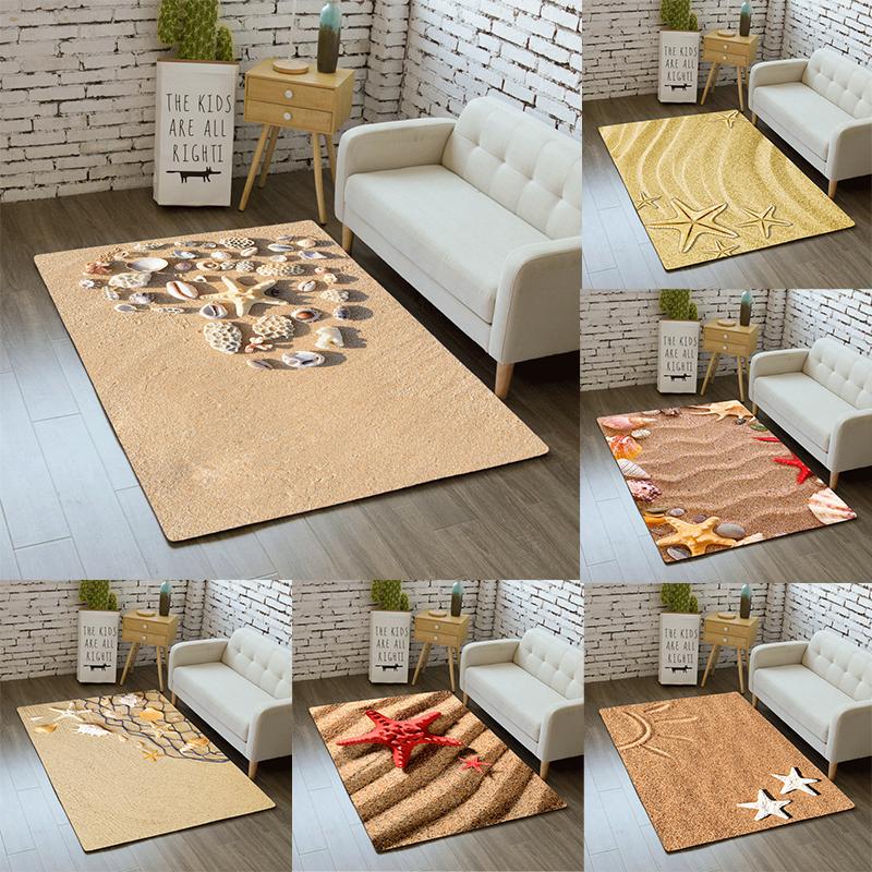 Coastal Theme Rectangular Rug Various Sea Shells Starfish Sandy Beach Pattern Soft Non Slip Carpet for Living Room Bedroom Decor