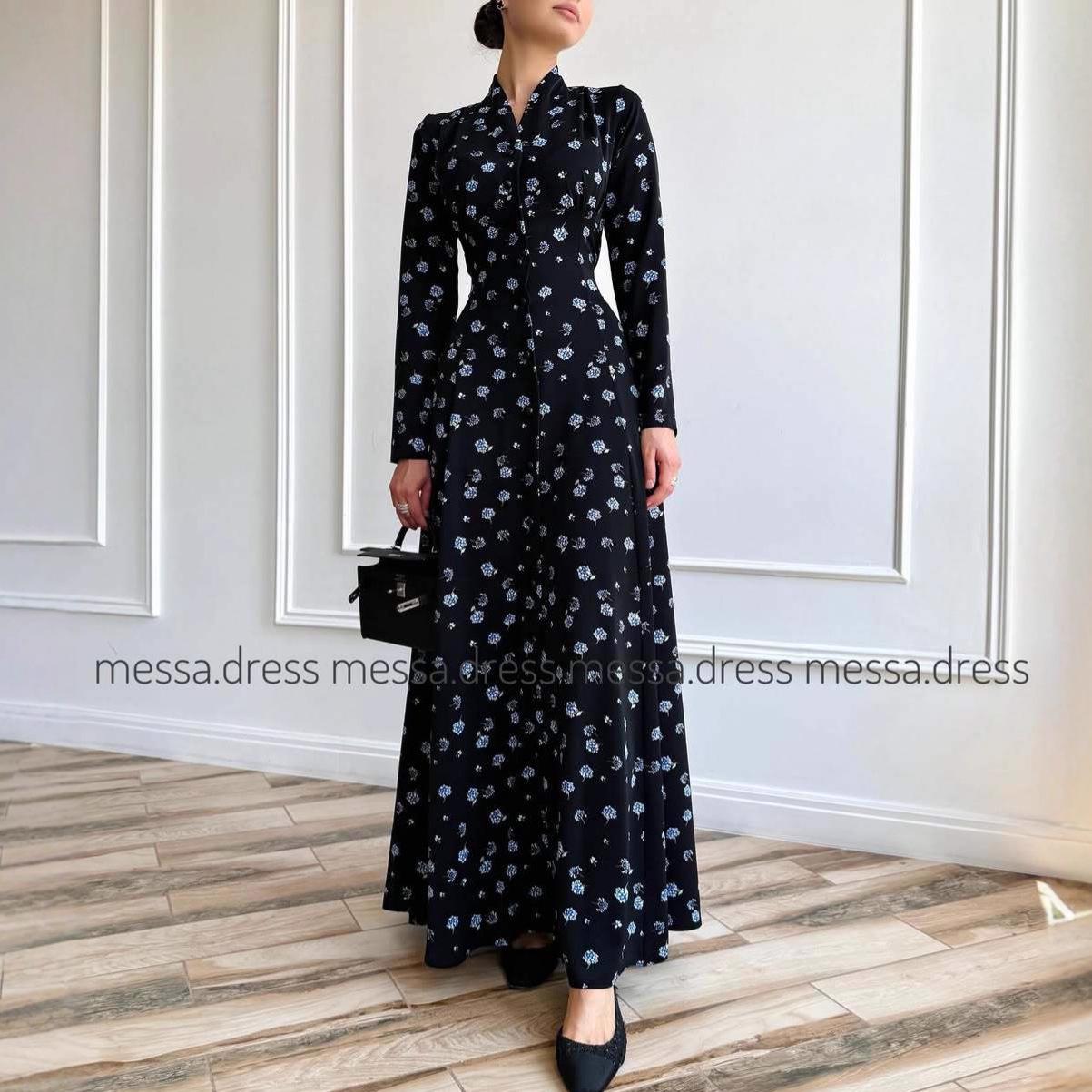 2025 Autumn European Women s High-waisted Floral Print French Long Dress Large чёрный