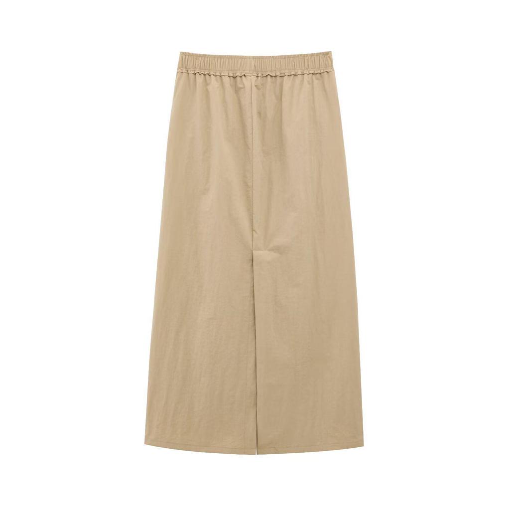 Spring 2025 Women's High Waist Midi Skirt with Side Strap Detail - European & American Style, Simple & Fashionable