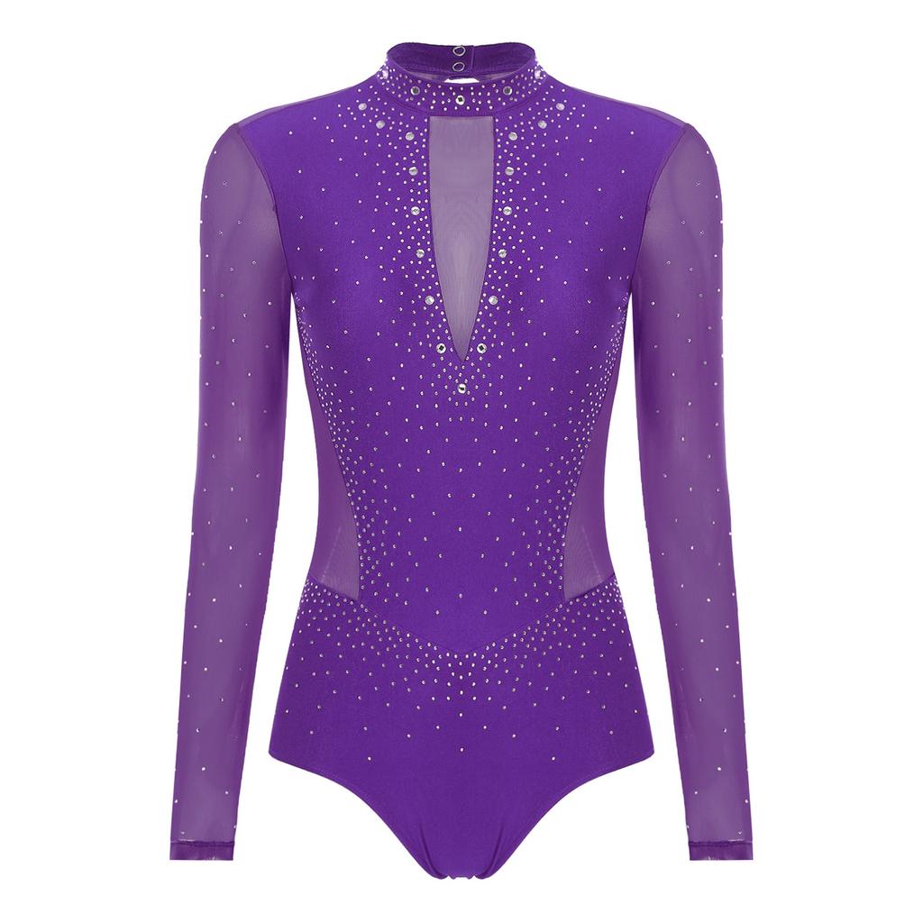 Dame Gymnastikk Kunstløp Drakter Langermet Gjennomsiktig Mesh Glitrende Rhinestone Bodysuit
