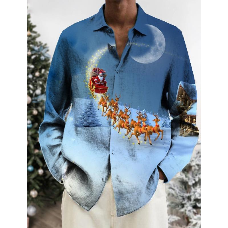 Man Christmas Scene Print Shirt Santa Claus Deer Lapel 3D Outdoor Long Sleeve Button-Up Print Fashion Designer Style