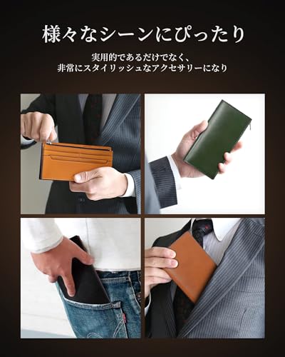 Men's Tochigi Leather Long Wallet, Made by Top Leather Craftsmen, Genuine Leather Wallet, Slim, Large Capacity, Long Wallet (Green)