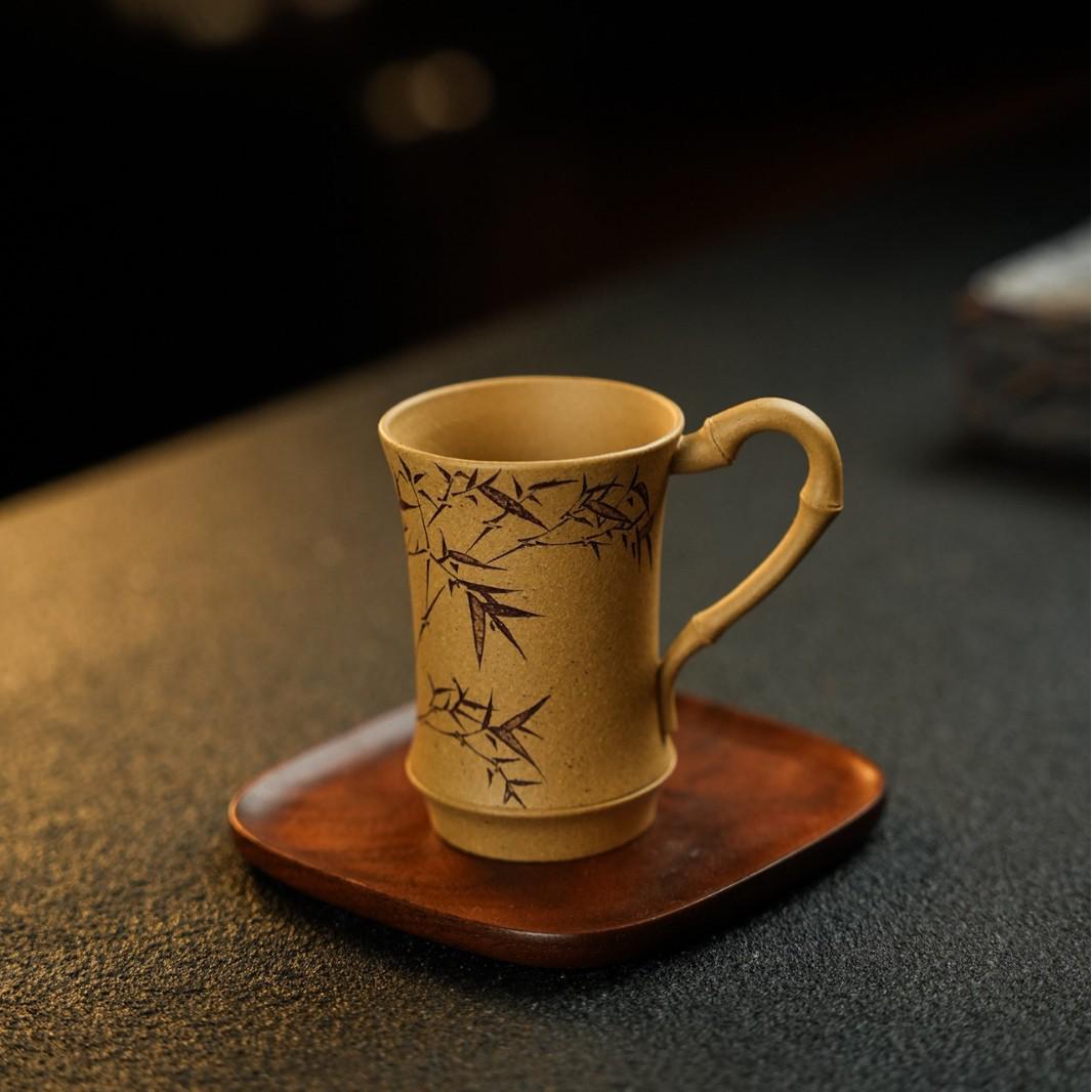 Hand-Carved Yellow Duan Clay Yixing Zisha Bamboo Rhyme Side-Handle Master Cup, 90cc. Junhao