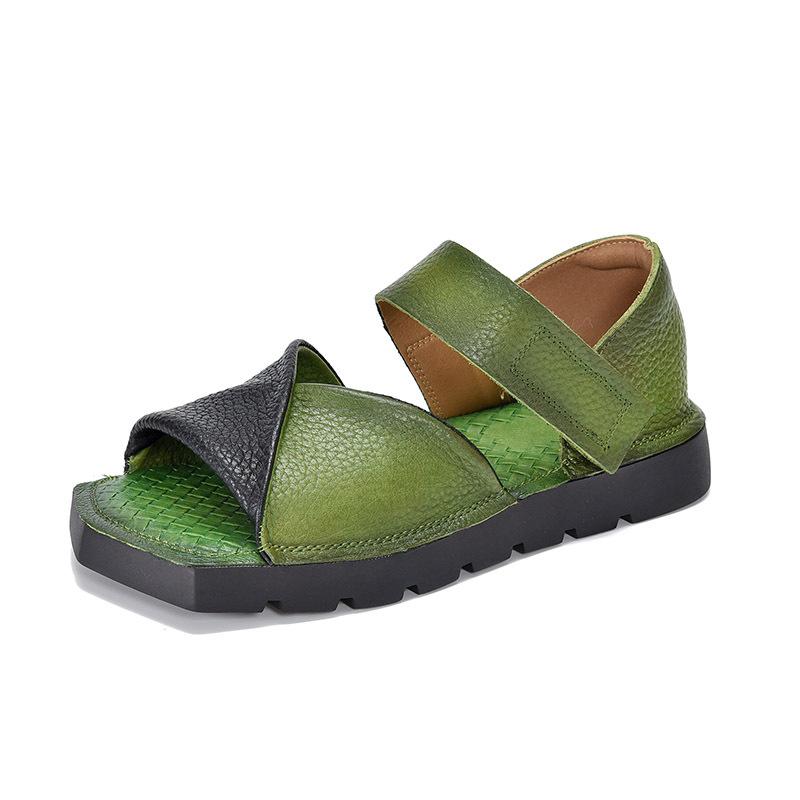 

Johnature Genuine Leather Women s Shoes Square Toe Mixed Colors Retro Peep Toed Flat Sandals 40