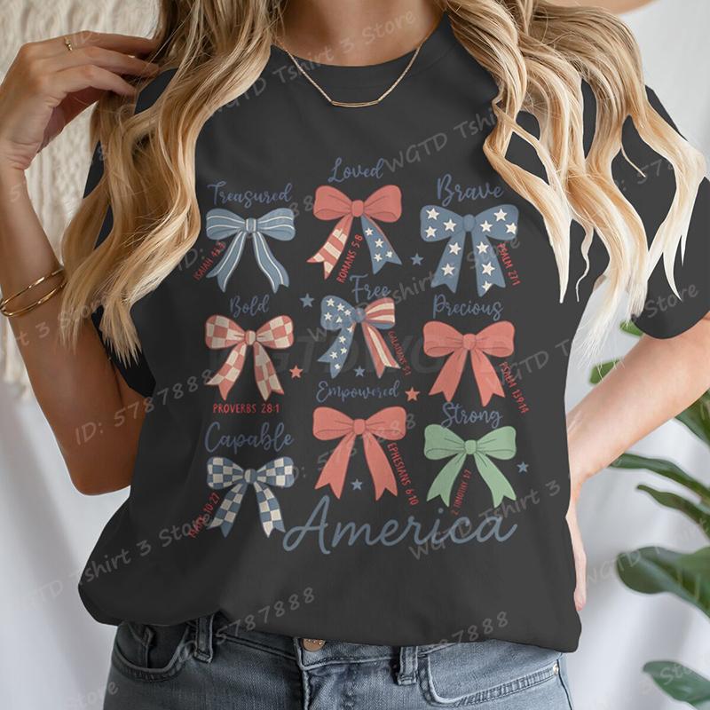 4th Of July Bows America Print Tshirt For Women Summer Casual Tshirts Short Sleeve Tops July 4th Gifts Independence Day Tshirt