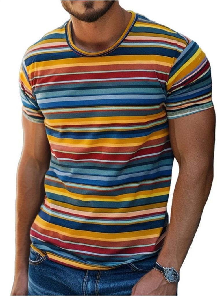 Men's T-Shirt Color Stripe Fashion Design 3D Printed Top Casual Daily Street Wear Summer Simple Short Sleeved Men's Y2k Clothing