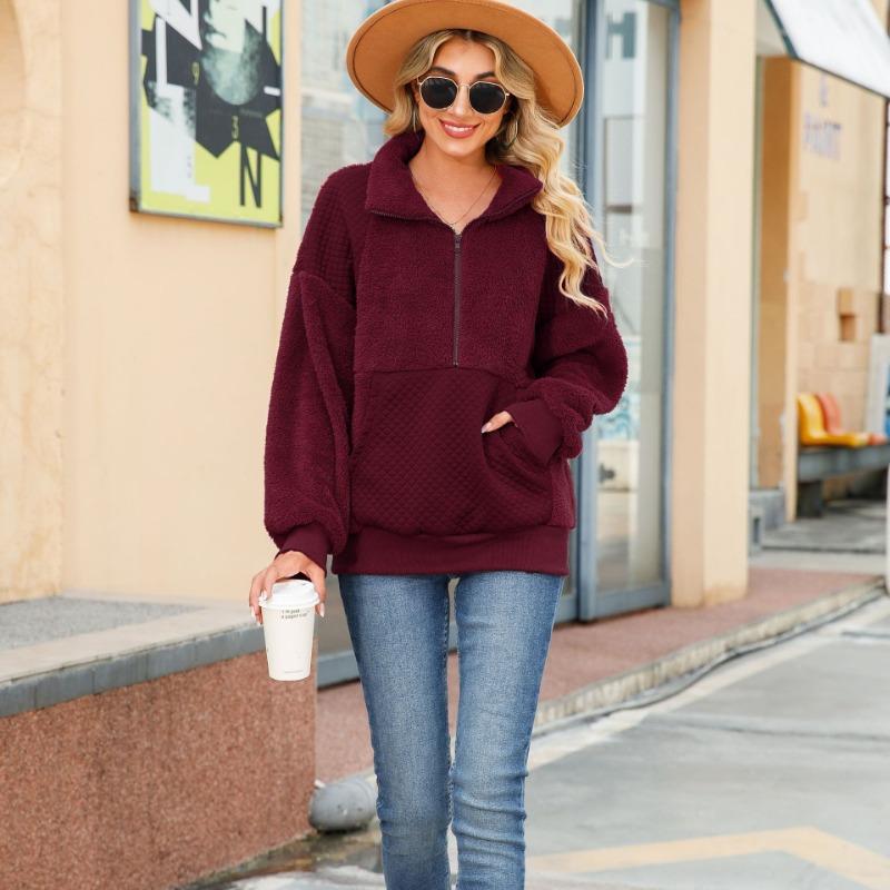 New Autumn Women's Round Neck Long-sleeved Pullover Zipper Medium and Long Solid Color Plush Splicing Sweater