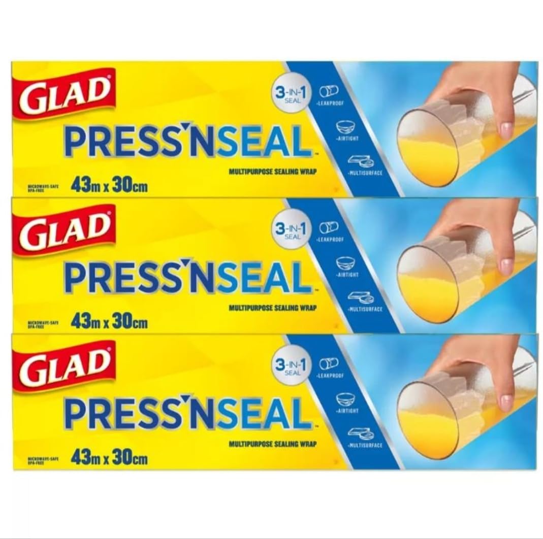 [Набор из 3 шт.] Пищевая пленка Glad Press n Seal для многоцелевого использования, герметичная упаковка 3-в-1, подходит для микроволновой печи, без БФА, 43 м x 30 см, Упаковка пищевой пленки Glad Press n Seal x 3 шт., Costco