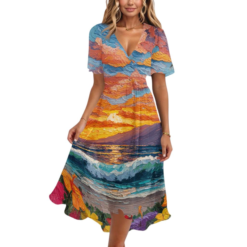 Women's Casual V Neck Short Sleeve Hawaiian Print Dress Summer Beachwear Midi Dress with Wrap Style and Relaxed Fit