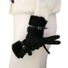 Women's Warm Suede Gloves with Faux Mink Fur and Buckle