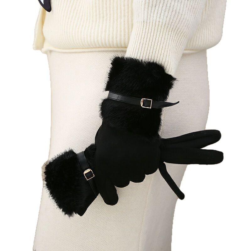 Women's Warm Suede Gloves with Faux Mink Fur and Buckle