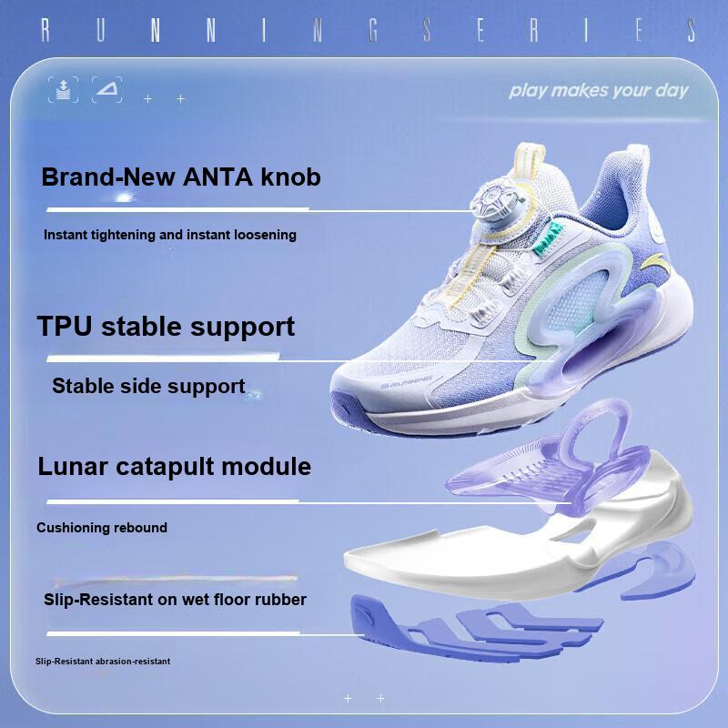 Anta Monthly Slip Resistant Durable Low Top Running Shoes Kids Sneakers White Purple 322325518H-2