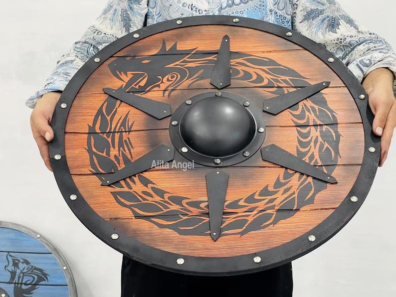 

Handcrafted Wooden Viking Shield: Ouroboros Dragon, Battleworn Finish помаранчевий