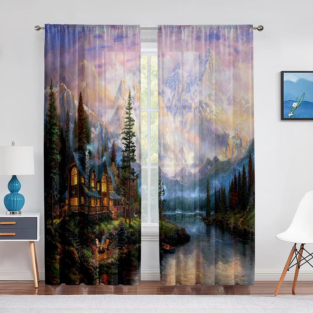 Perdele din șifon cu peisaj fantezic, perdele din tul pentru casă lângă munte și râu, pentru decorarea casei de living