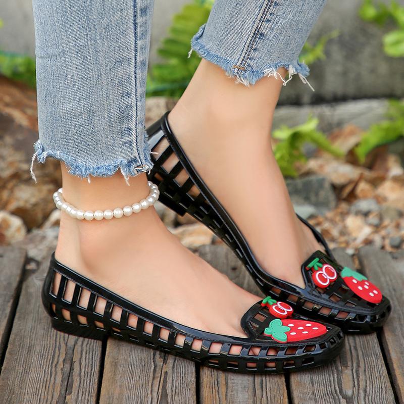 Fashion Cartoon Decor Soft Sole Non Slip Loafers Women Hollow Out Comfort Breathable PVC Flats Woman Summer Light Square Toe Casual Shoe