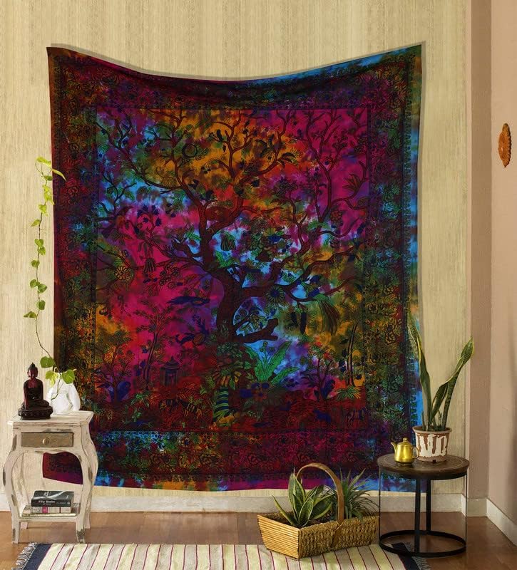 Indian Tree of Life Tapestry Boho Wall Art Multicolor Floral Design Ethnic Decor for Home Living Room Bedroom Yoga Space