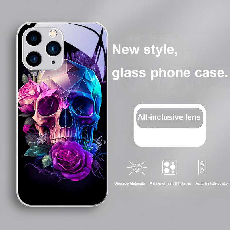 Cartoon Rose And Skull Purple For Iphone 15 14 13 12 Mini 11 Pro Max X XS XR 7 8 Plus 2020 22 SE Tempered Glass Phone Case