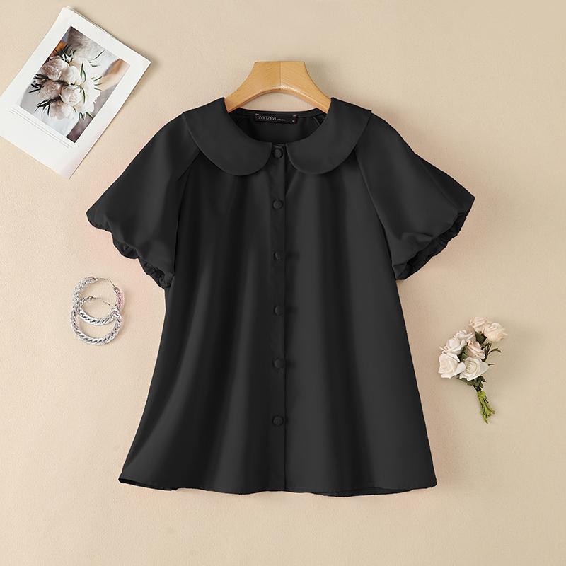 ZANZEA Women Casual Doll Collar Solid Color Short Sleeve Blouse