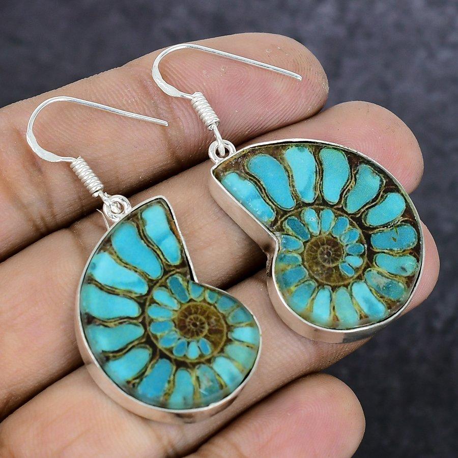 Ammonite Fossil Gemstone Handmade 925 Sterling Silver Jewelry Earring 1.93" f4d81