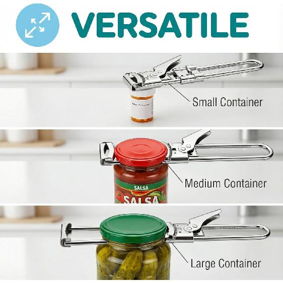 Adjustable Jar Opener for Stubborn Lids - One-Handed Grip, Effortless Opener for Jars & Bottles, Durable Stainless Steel Tool for Weak Hands (1)