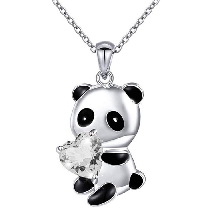 European & American Cute Panda Necklace: Pink Heart-Shaped Cubic Zirconia & Blue Crystal Design
