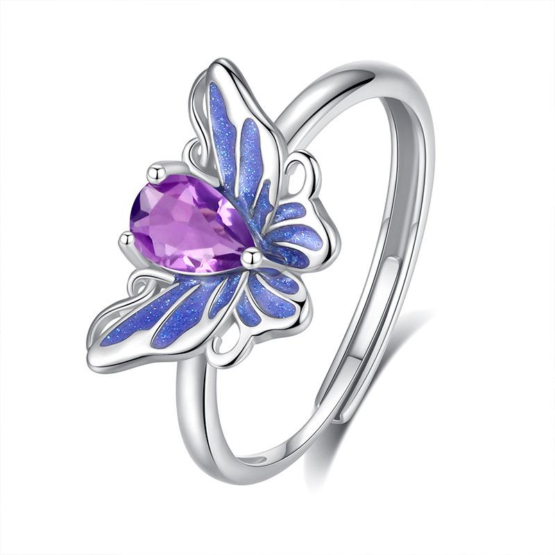 

New natural spar butterfly ring S925 sterling silver ring women s enamel high-end light luxury jewelry opening adjustable