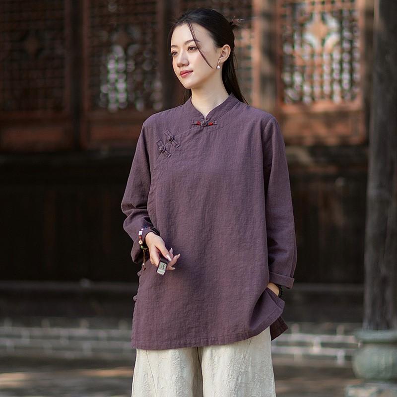 Johnature Women Shirts Vintage Blouses Spring Chinese Style Solid Color Tops Stand Long Sleeve Button Shirts