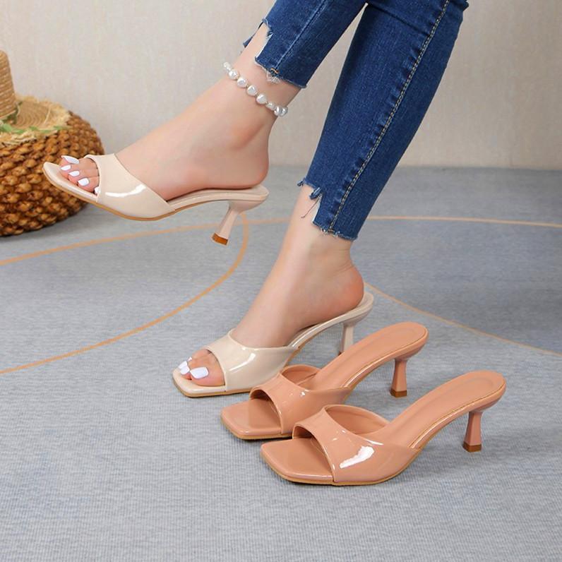 Square head thin heel fish mouth fashion sandals wish new one-character open-toed high-heeled slippers women's summer large size