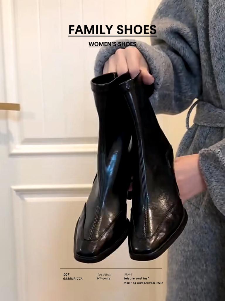 Han thick heel square head short boots retro elastic thin boots women's rear zipper high heel short boots Martin boots women's