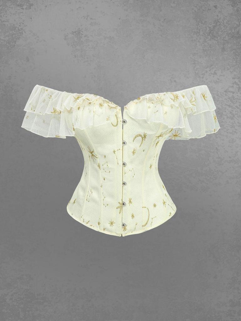 Rosegal Gothic Moon Star Gilding Embroidered Ruffles Lace Up Back Functional Corset
