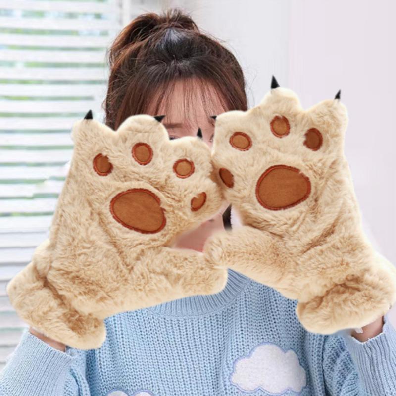 Cute Cat Claw Bear Paw Gloves Men's and Women's Winter Plush Thick Gloves Full Finger Internet Red Cute Plush Anti Cold Warm Gloves