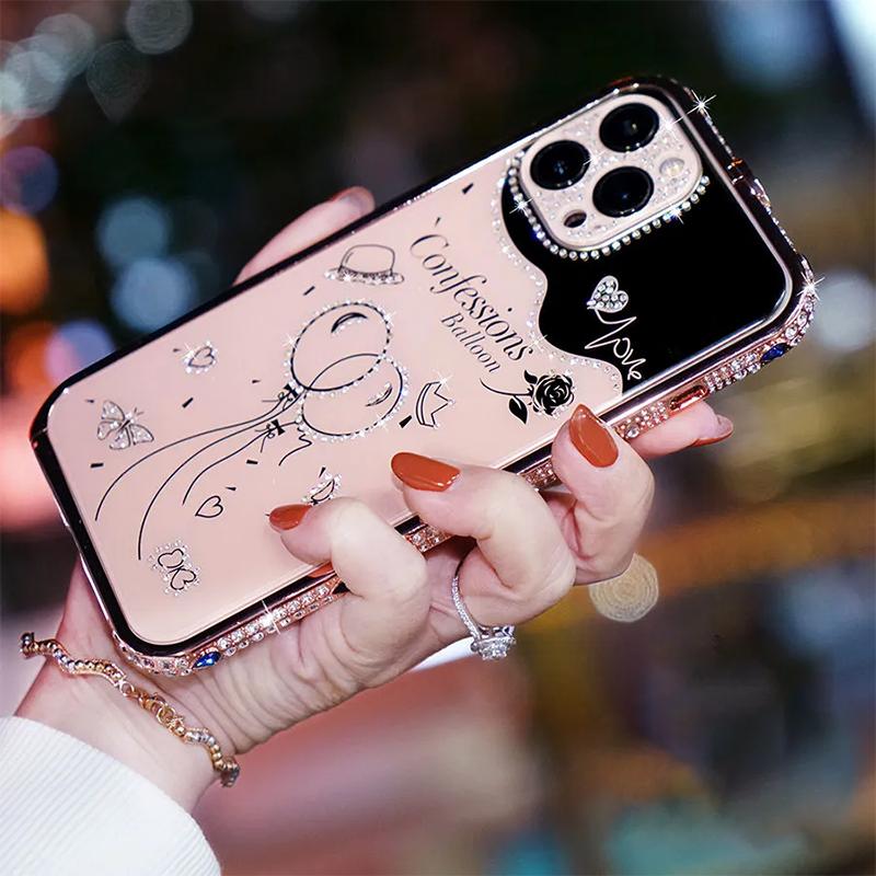 Bling Crystal rhinestone Pink Phone Case for iPhone 15 Pro Max 13promax 12pro max diamond metal frame camera protector female