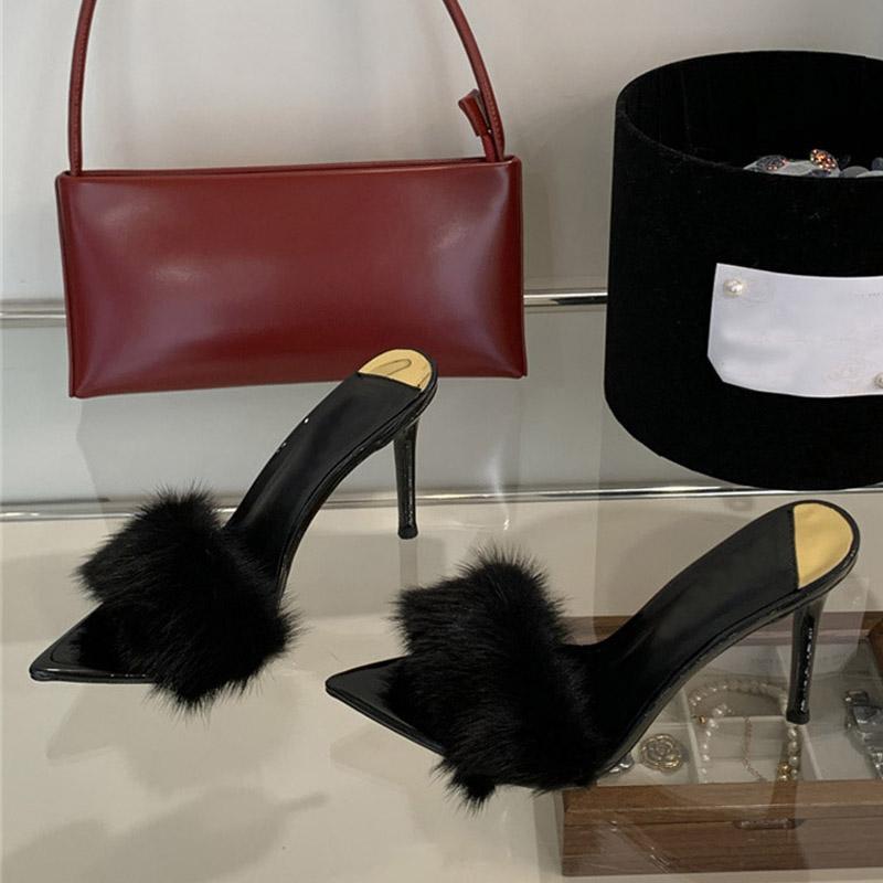 Liyke Summer Party Banquet High Heels Modern Slippers Women White Fluffy Feathers Designer Sandals Sexy Pointed Toe Mules Shoes