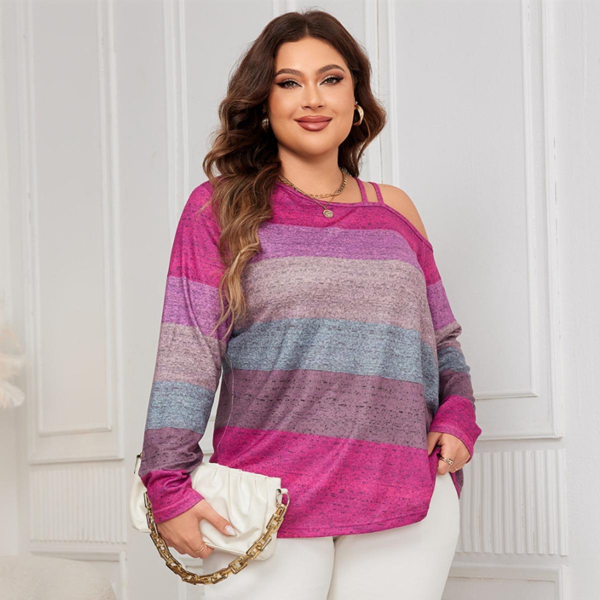 Loose Long Sleeve One Shoulder Geometric Pattern Plus Size Women S Shirt 1XL розовый