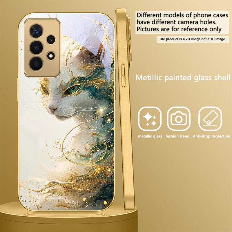 Fantastic white kitten For Samsung A50 A51 A52 A53 A54 55 56 14 15 13 16 26 31 32 33 34 35 70 71 72 73 Golden glass phone case