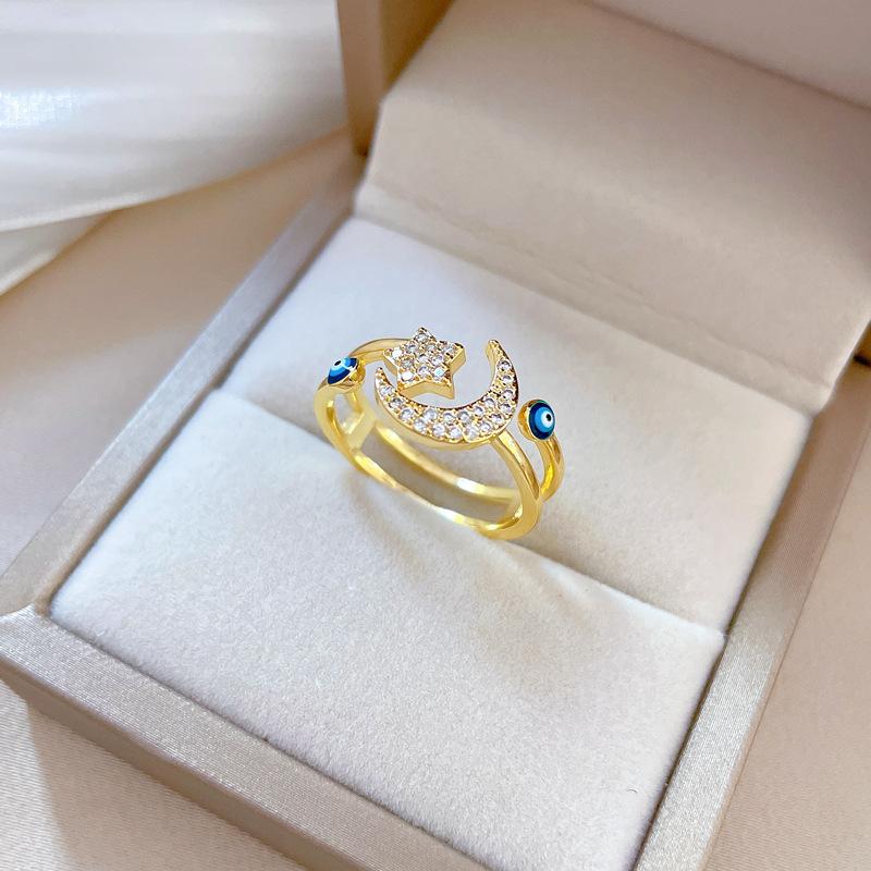 Real Gold Electroplated Opening Star Moon Fashion Slightly Inlaid Light Luxury Ring Index Finger Ring Same Cold Wind