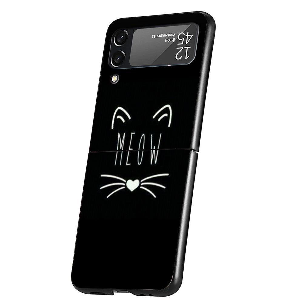 Cat Cute Kitten Cartoon Case Phone Cover for Samsung Galaxy Z Flip 7 6 5 4 3 5G ZFlip7 ZFlip6 ZFlip5 ZFlip4 ZFlip3 Black Fundas
