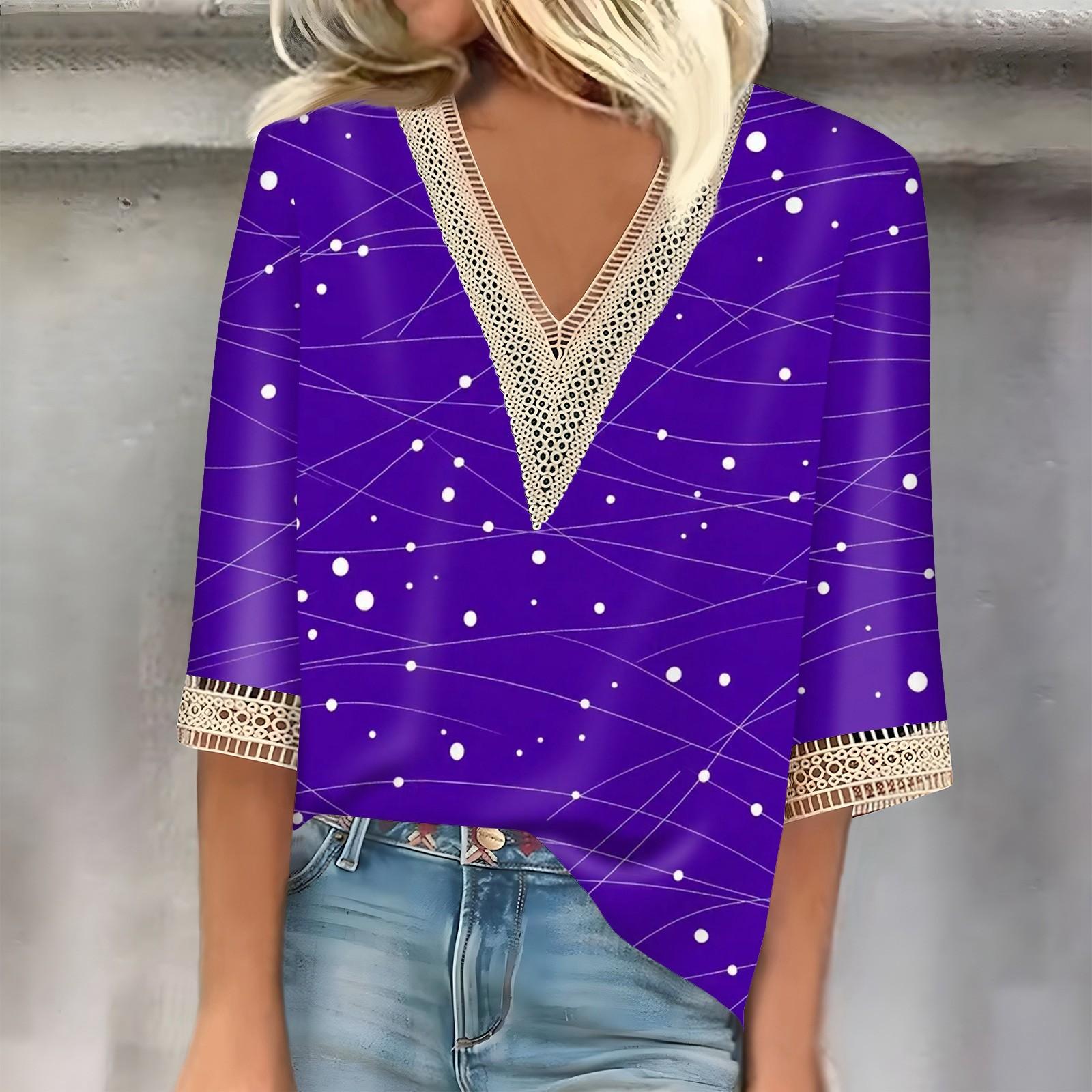 

Women s Seven-quarter Sleeve Lace Polka Dot Print Top XXL фіолетовий