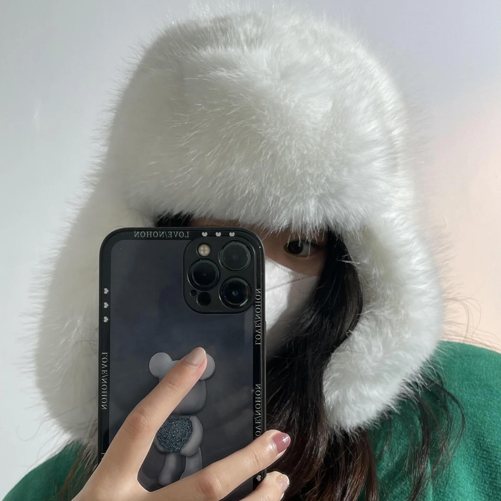 

Зимняя утолщенная теплая плюшевая женская шапка-бомбер, корейская версия, большая голова, маленькая модная универсальная русская шапка для мужчин 56-58cm